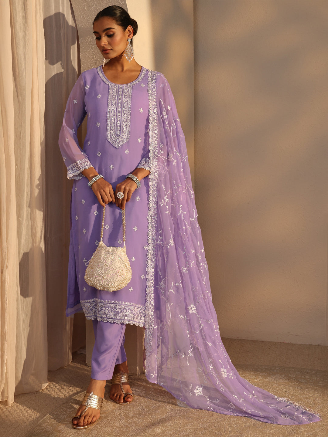 Lavender Floral Embroidered Silk Chiffon Straight Suit Set With Dupatta