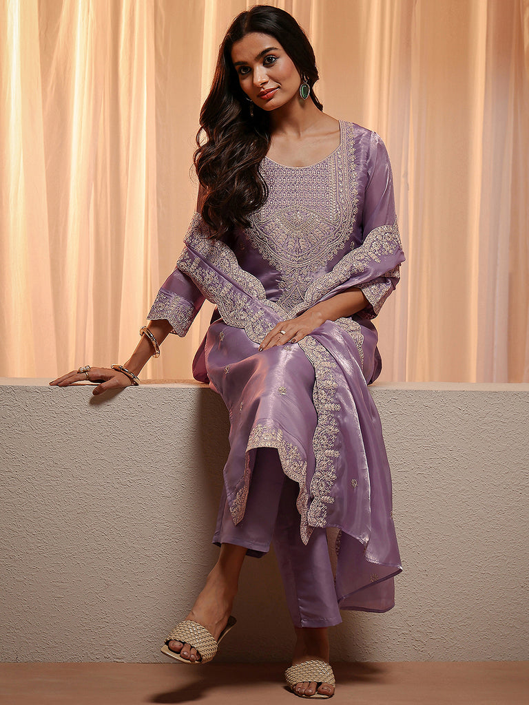 Libas Lavender Floral Embroidered Tissue Straight Suit Set
