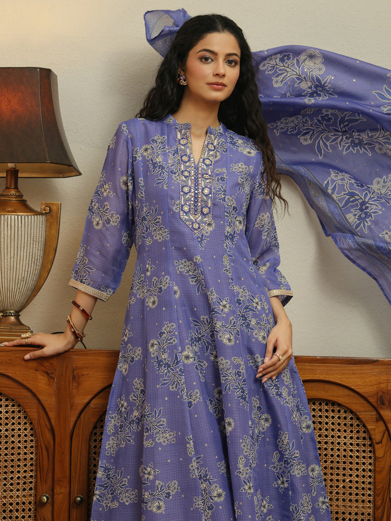 Libas Lavender Floral Printed Chiffon Anarkali Suit Set