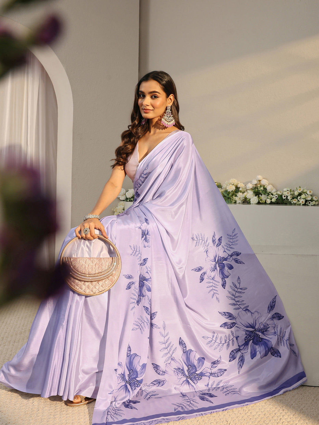 Lavender Floral Printed Satin Saree With Unstitched Blouse Piece