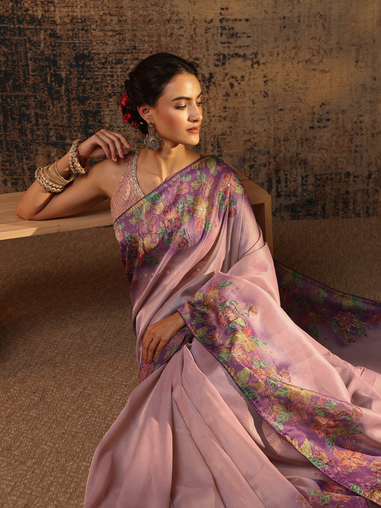 Libas Lavender Floral Solid Tissue Saree With Unstitched Blouse Piece