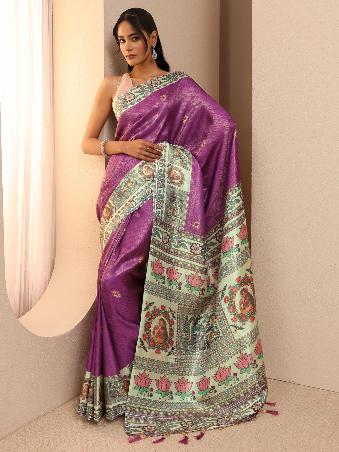  Lavender Madhubani Print Silk Blend Saree 