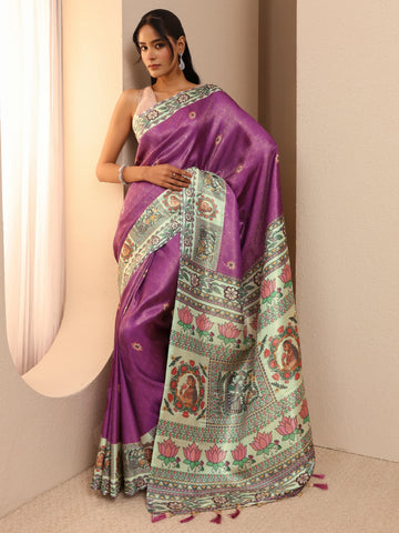 Lavender Madhubani Print Silk Blend Saree