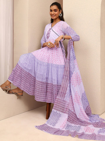 Libas Lavender Paisley Printed Cotton Anarkali Suit Set With Dupatta