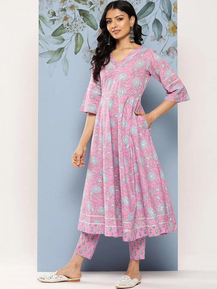 Lavender Printed Cotton Anarkali Kurta Set With Trousers - Libas