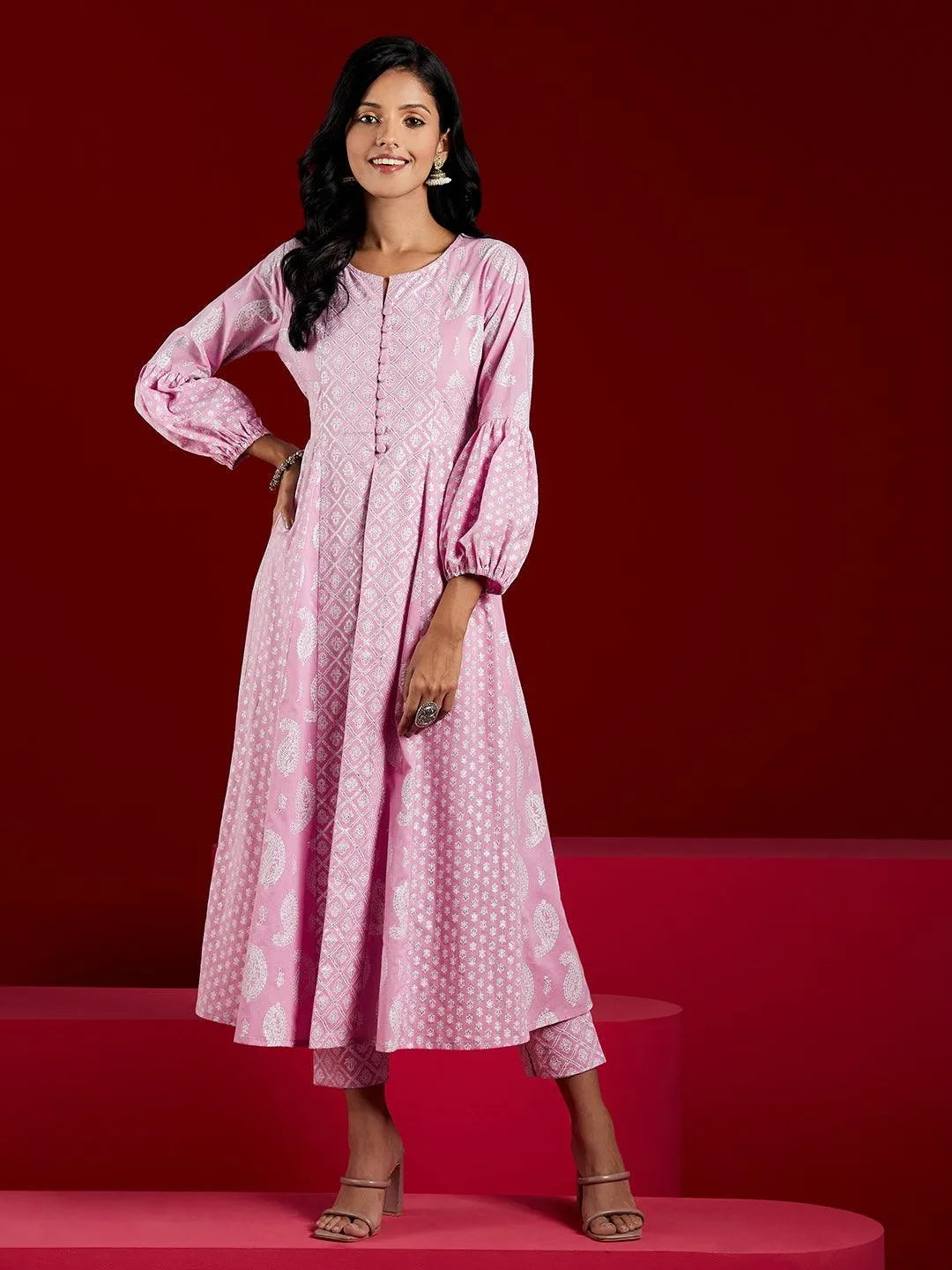 Lavender Printed Cotton Anarkali Kurta With Trousers - Libas 
