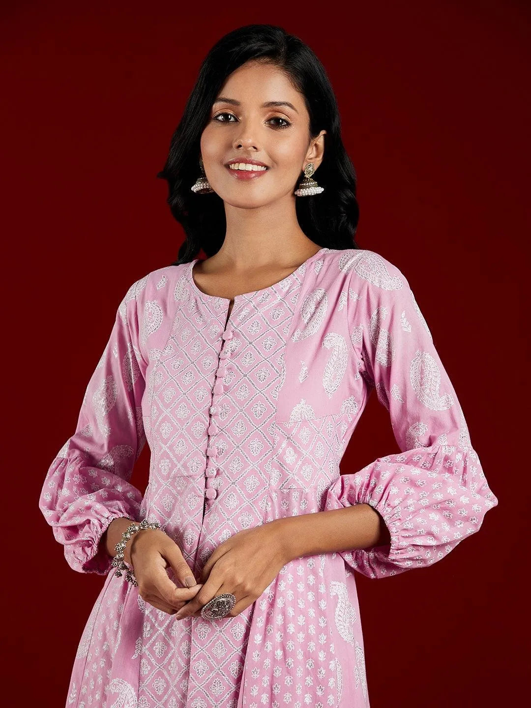 Lavender Printed Cotton Anarkali Kurta With Trousers - Libas 