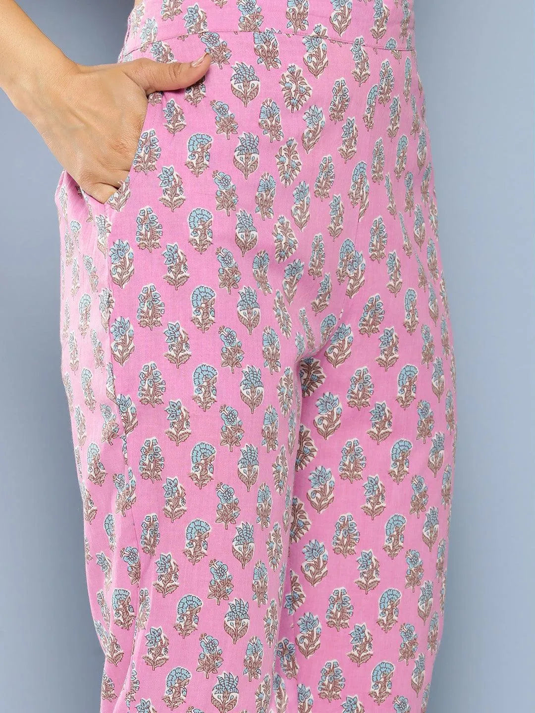 Lavender Printed Cotton Anarkali Kurta Set With Trousers - Libas 