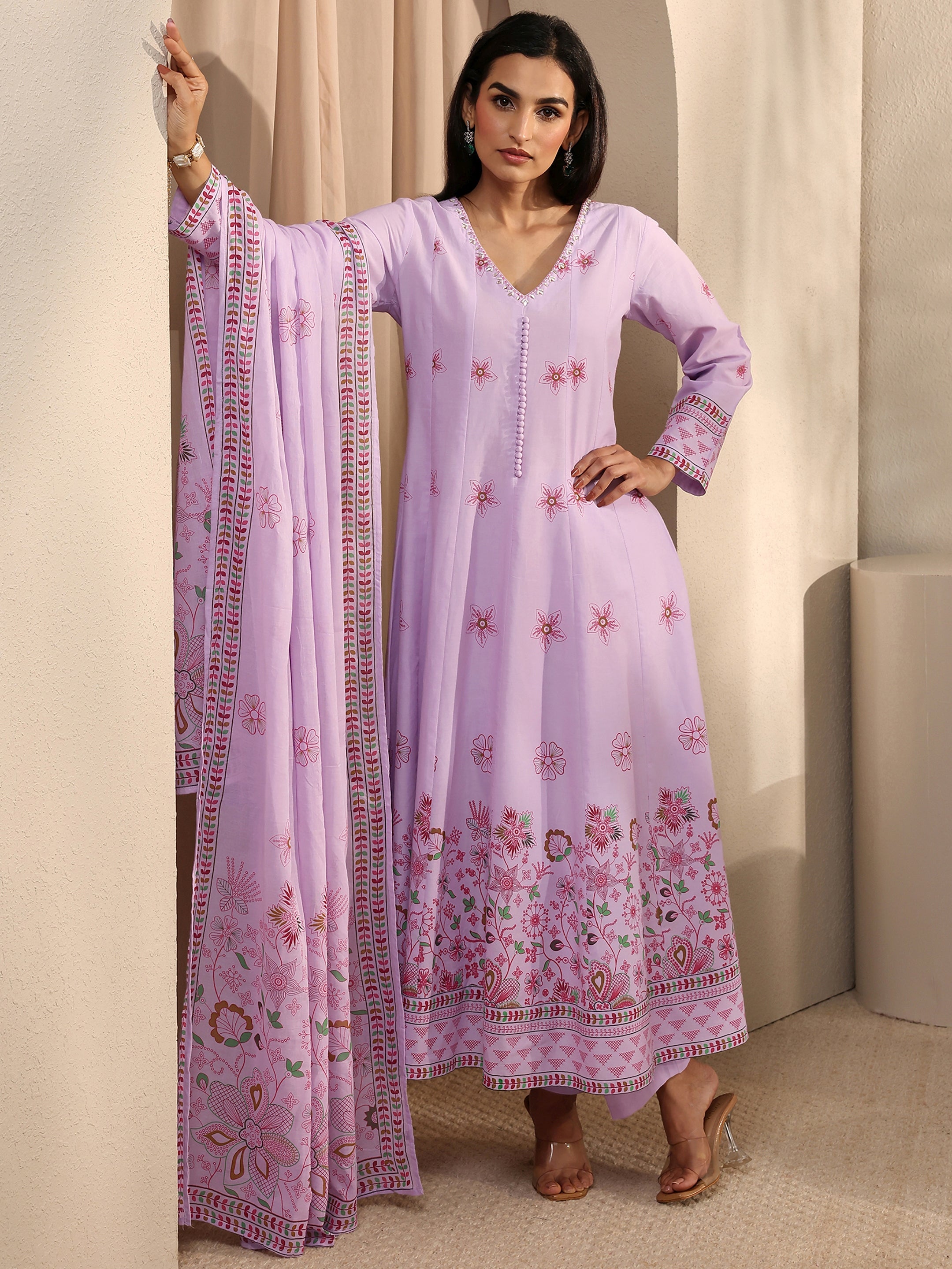 libas Lavender Printed Cotton Anarkali Suit Set With Dupatta-picture-31