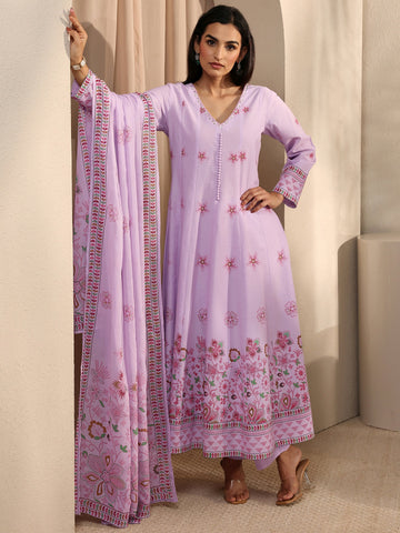 Lavender Printed Cotton Anarkali Suit Set With Dupatta