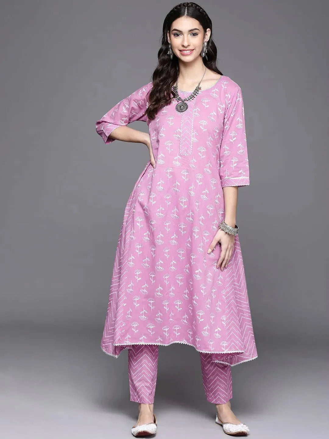 Lavender Printed Cotton Kurta - Libas