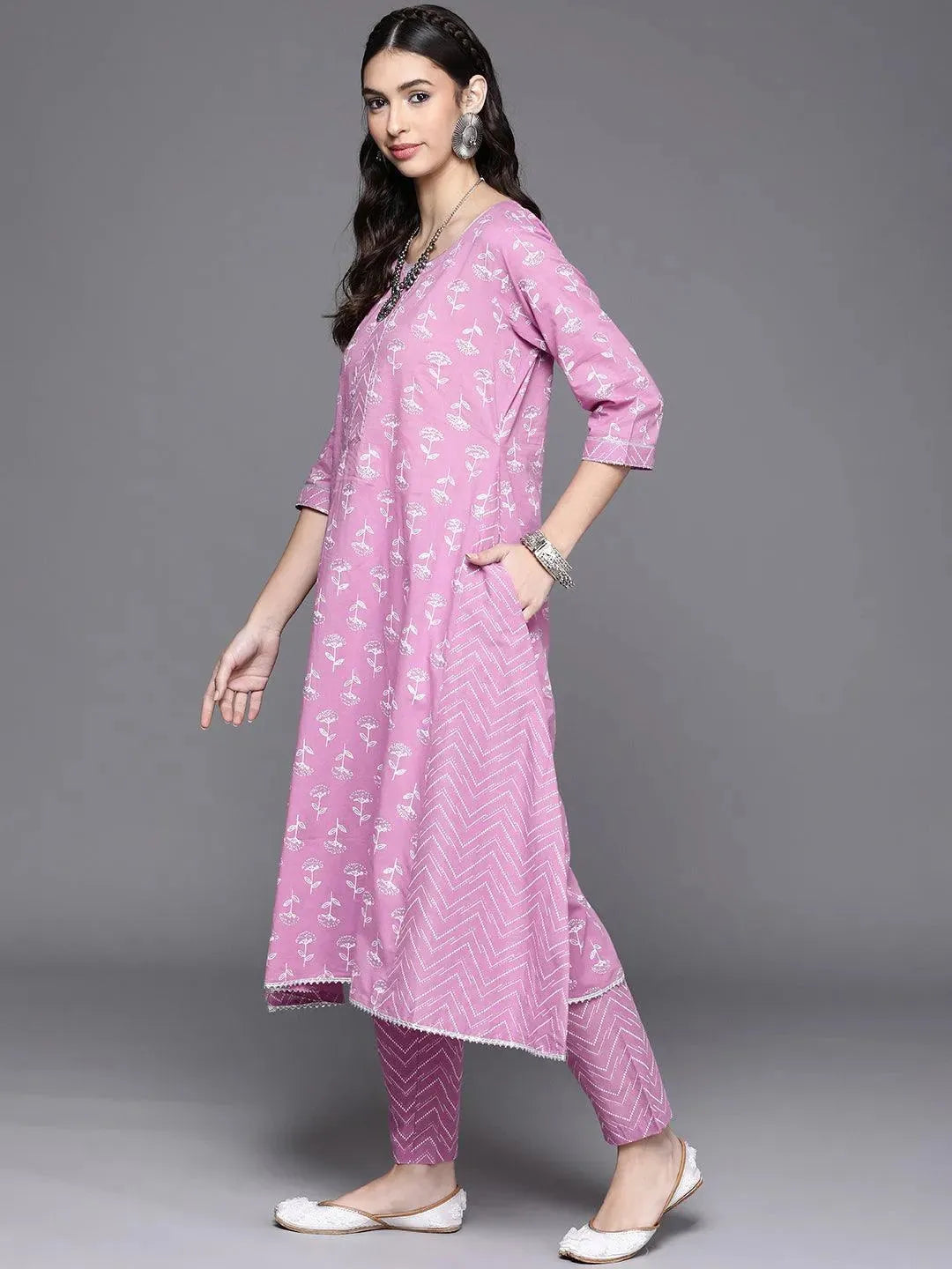 Lavender Printed Cotton Kurta - Libas 