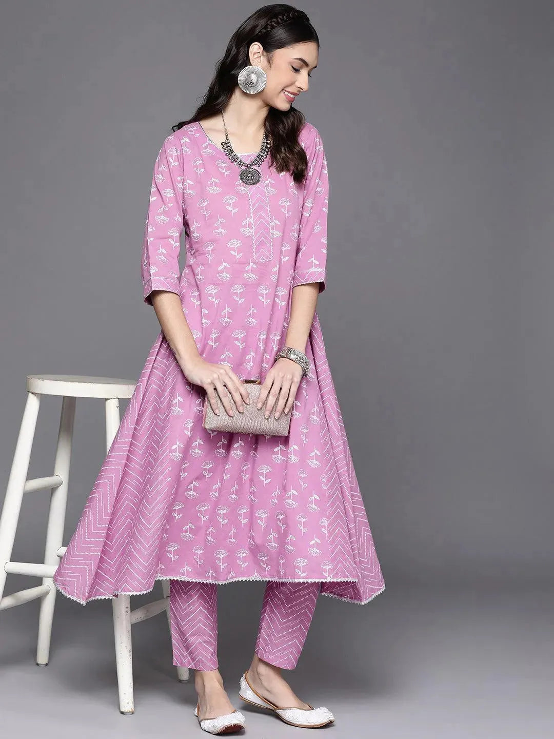 Lavender Printed Cotton Kurta - Libas