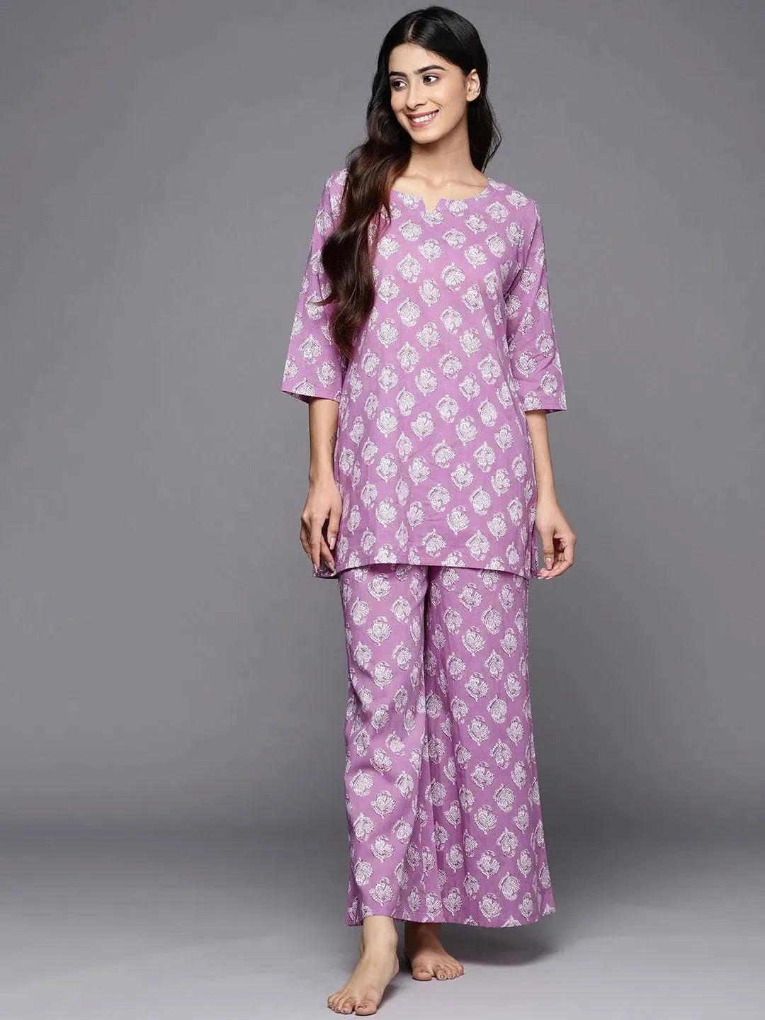 Lavender Printed Cotton Night Suit - Libas 