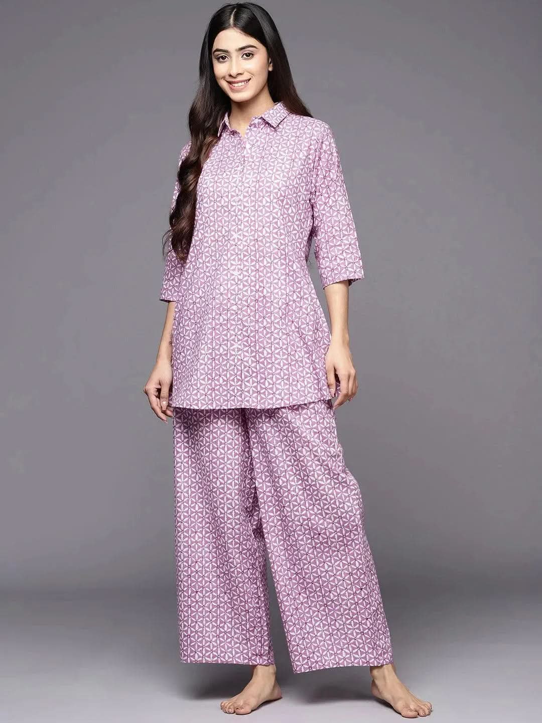 Lavender Printed Cotton Night Suit - Libas 
