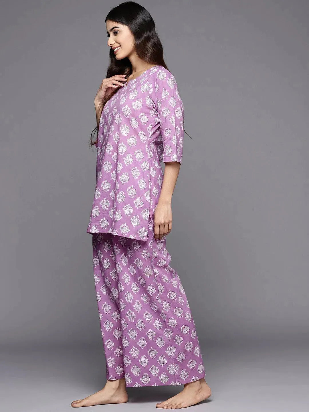 Lavender Printed Cotton Night Suit - Libas 