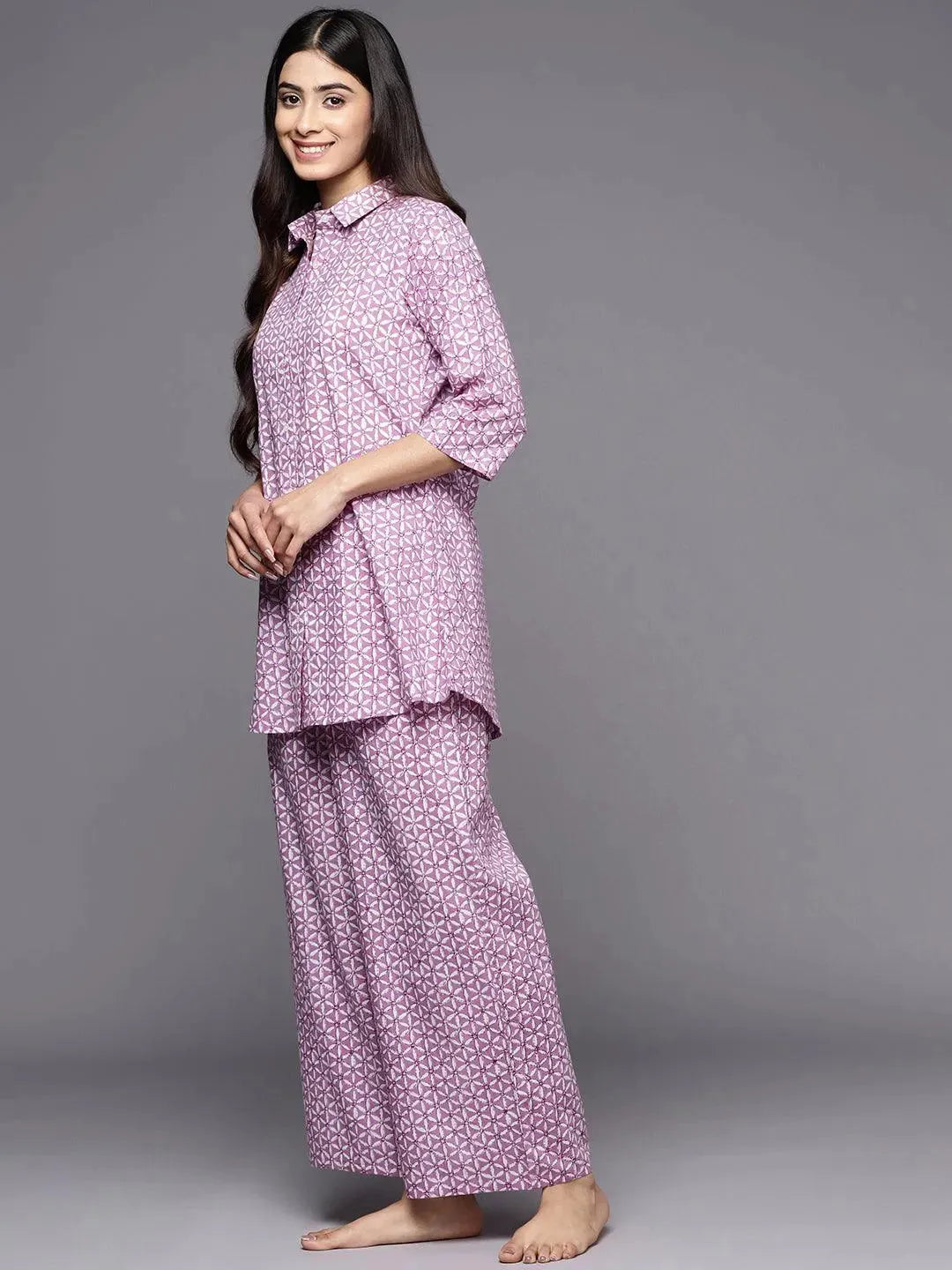 Lavender Printed Cotton Night Suit