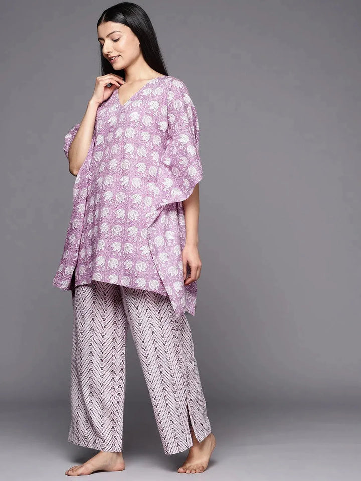 Lavender Printed Cotton Night Suit - Libas