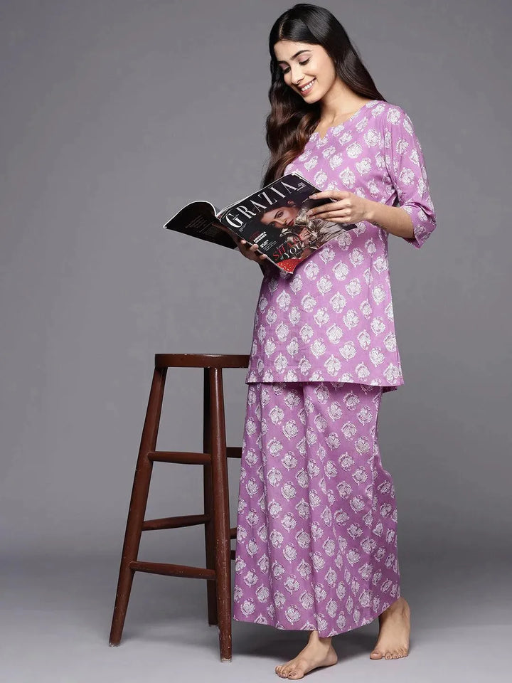 Lavender Printed Cotton Night Suit - Libas