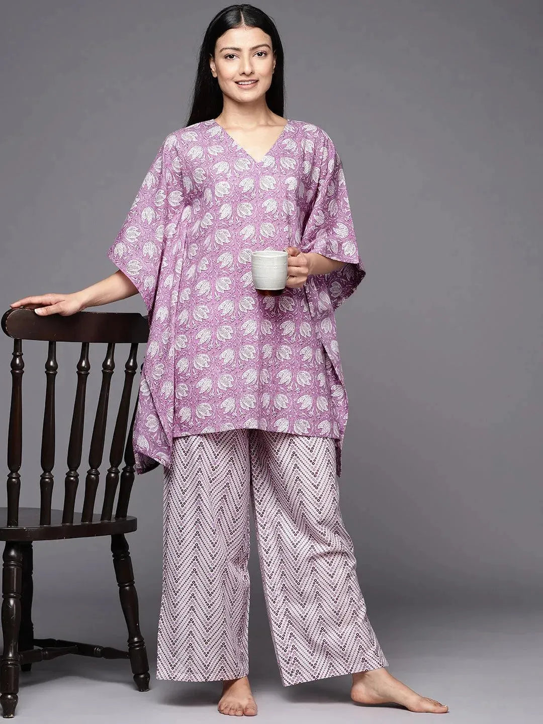 Lavender Printed Cotton Night Suit - Libas 