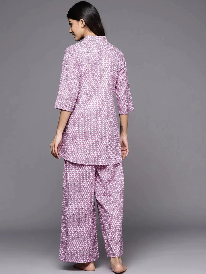 Lavender Printed Cotton Night Suit - Libas