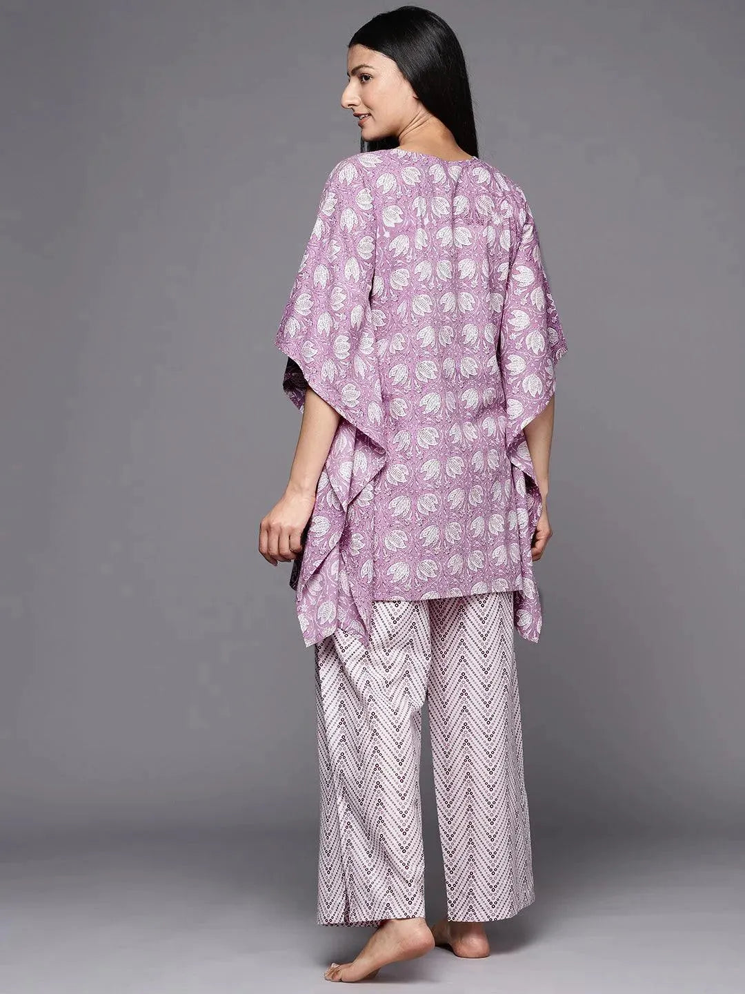 Lavender Printed Cotton Night Suit - Libas 