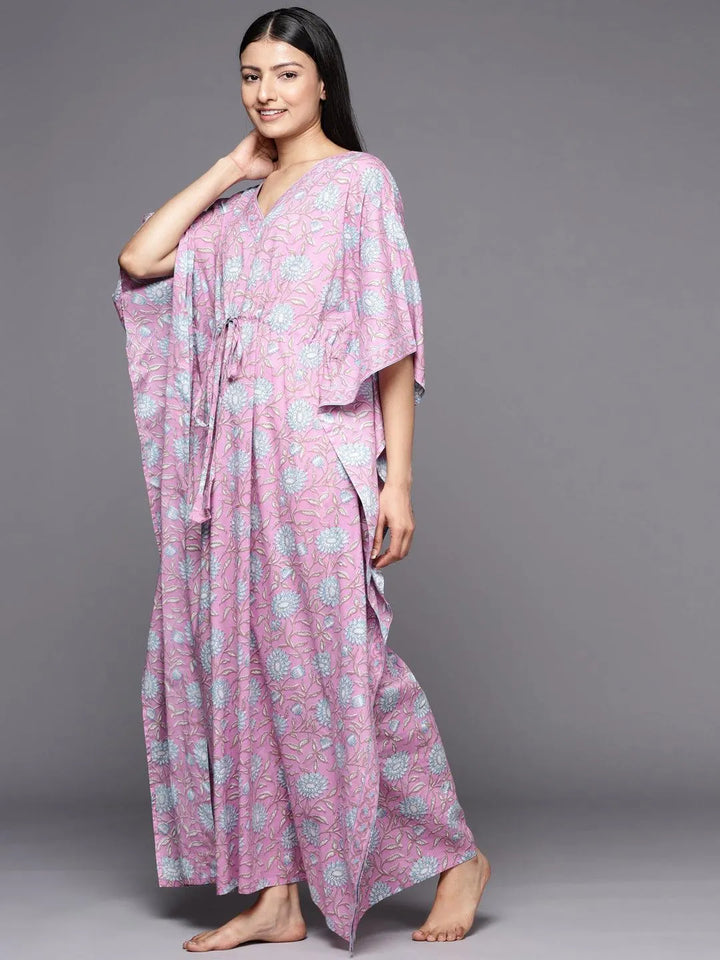 Lavender Printed Cotton Nightdress - Libas