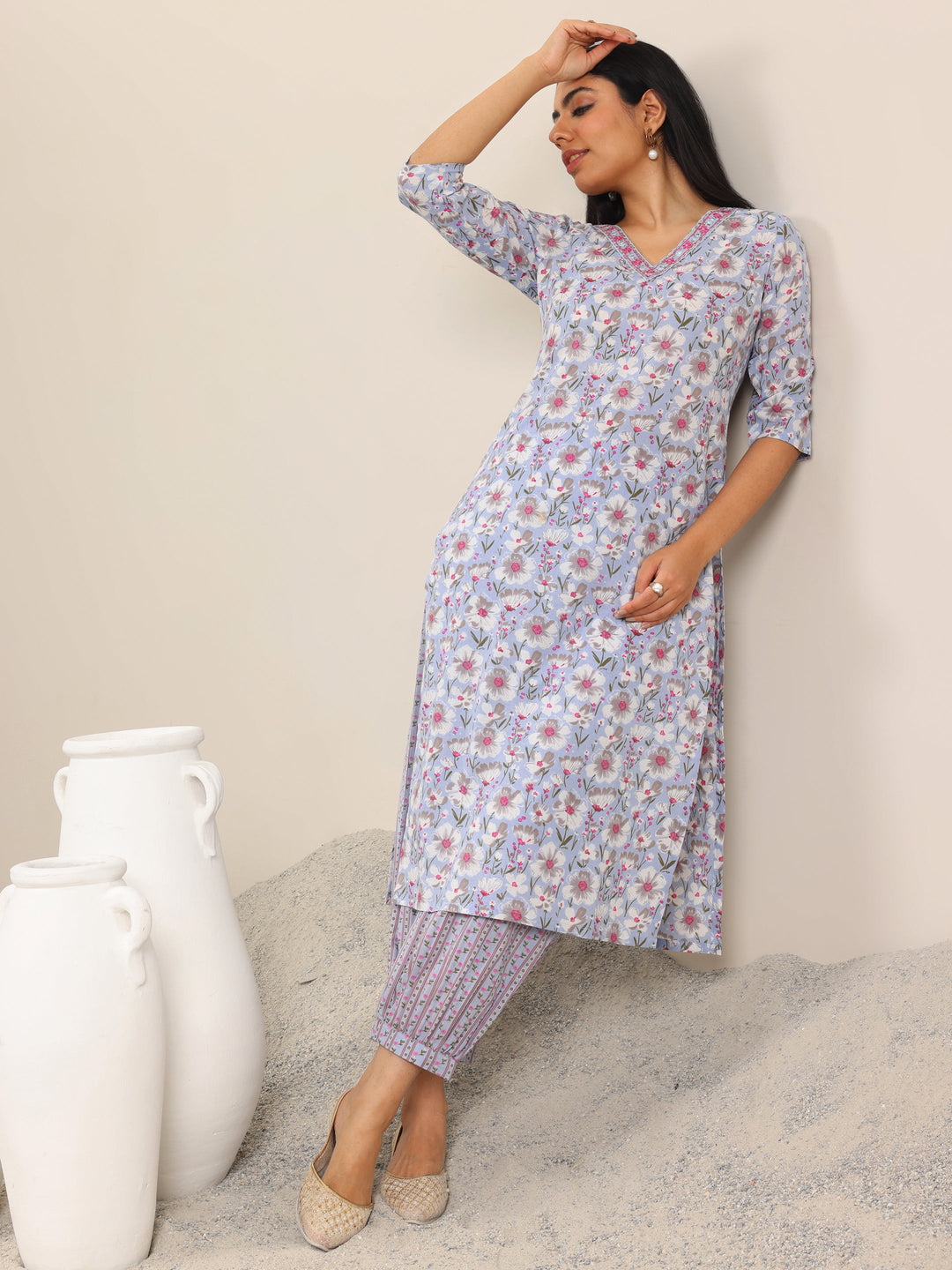  Lavender Printed Cotton Straight Kurta Set 