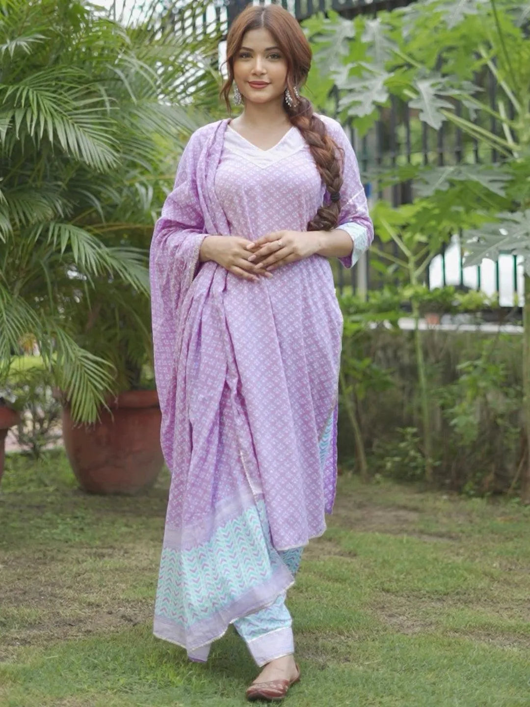 Lavender Printed Cotton Straight Kurta With Salwar & Dupatta - Libas 