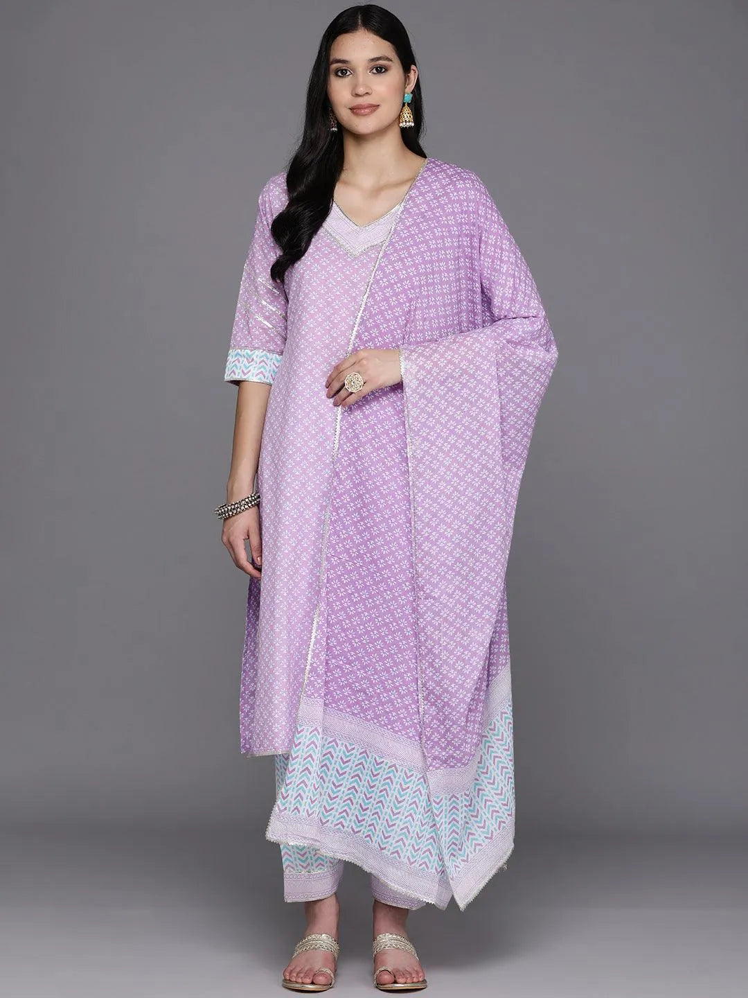 Lavender Printed Cotton Straight Suit Set With Salwar - Libas 