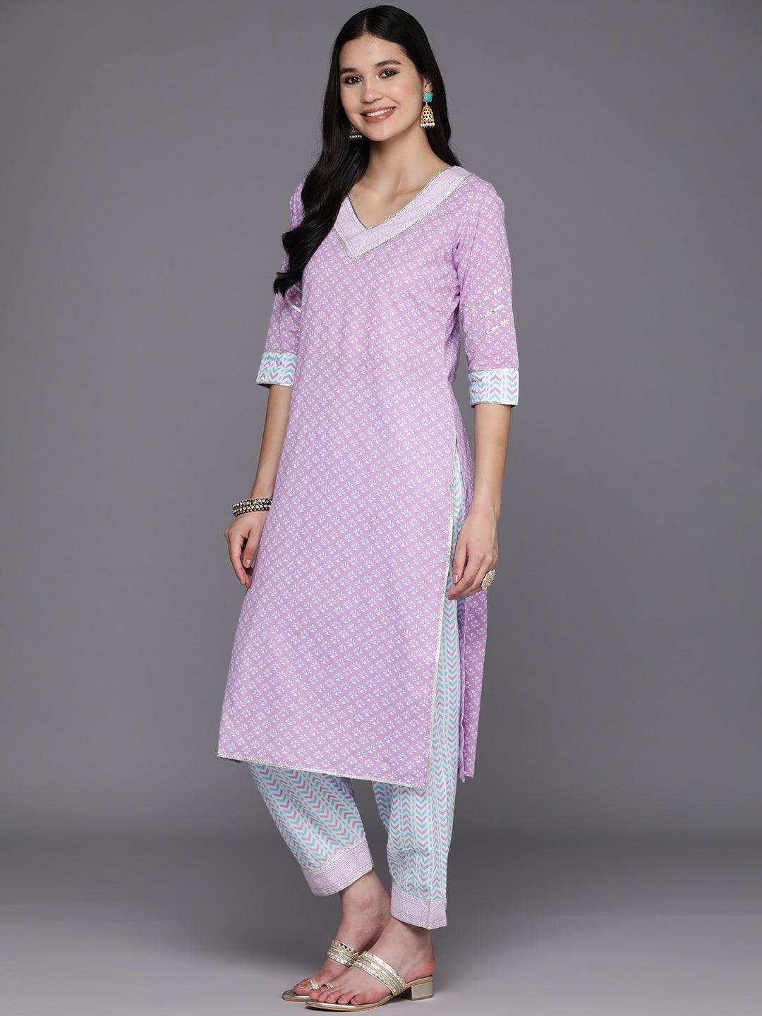 Lavender Printed Cotton Straight Suit Set With Salwar - Libas