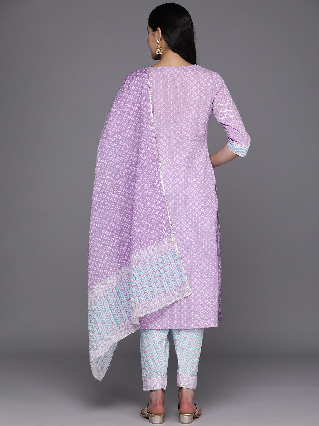Lavender Printed Cotton Straight Suit Set With Salwar - Libas
