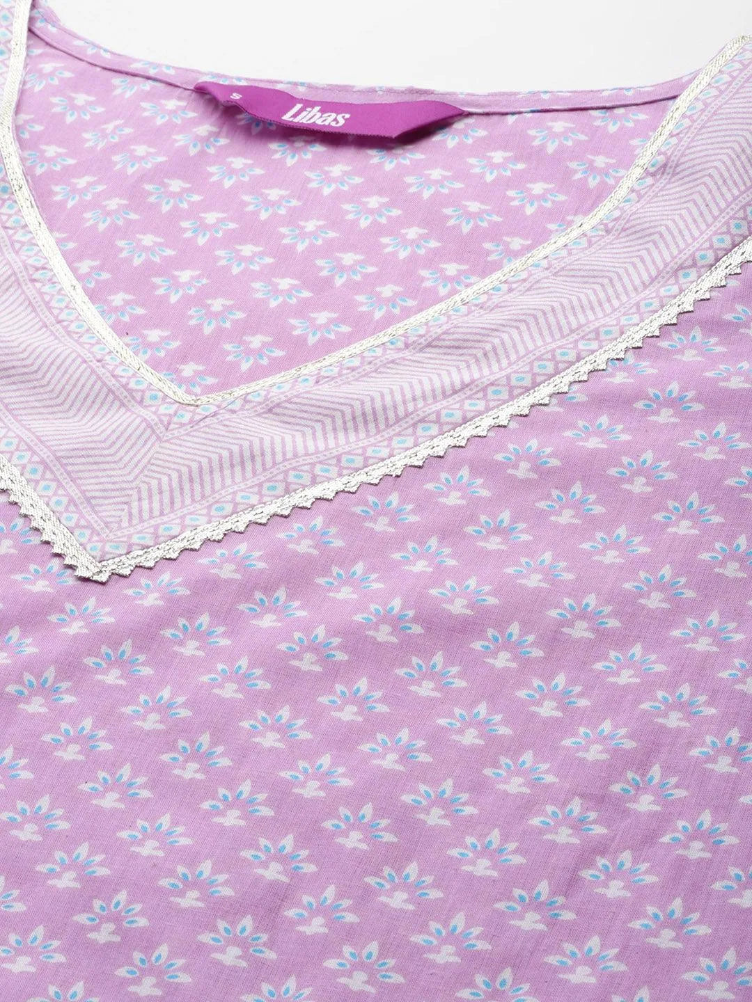 Lavender Printed Cotton Straight Suit Set With Salwar - Libas 