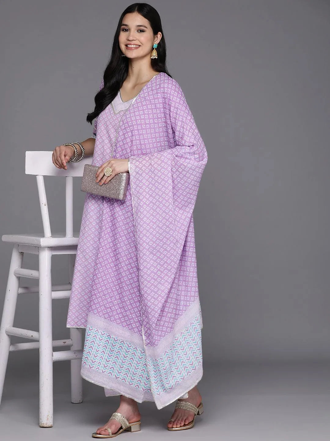 Lavender Printed Cotton Straight Suit Set With Salwar - Libas 