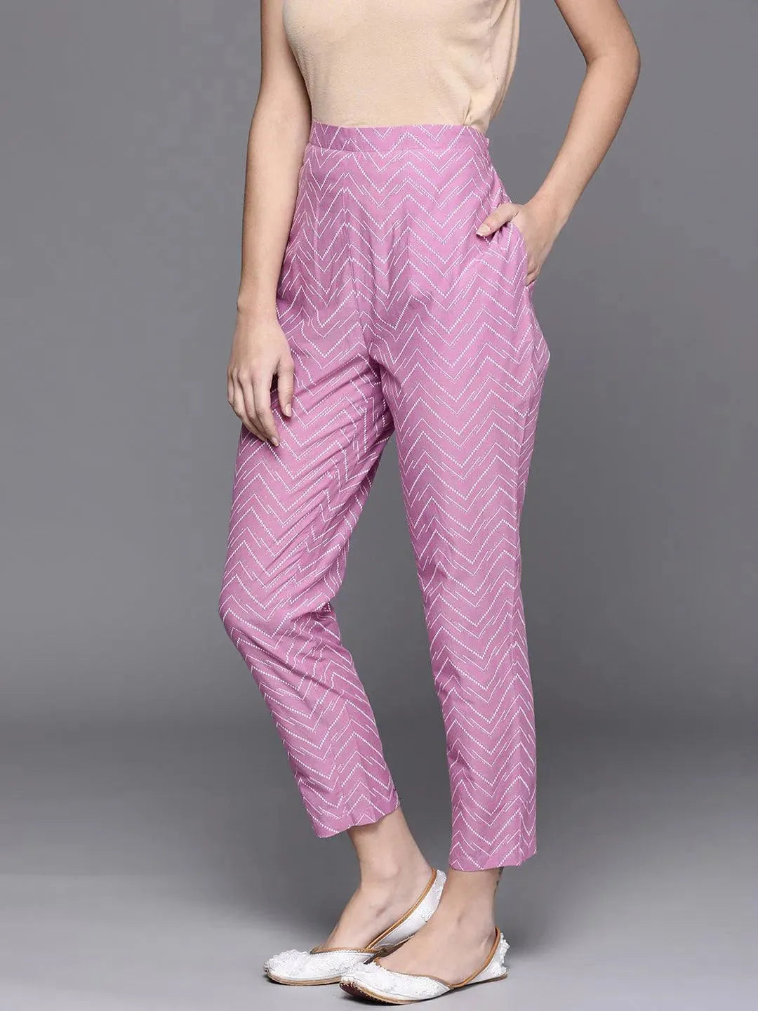 Lavender Printed Cotton Trousers - Libas