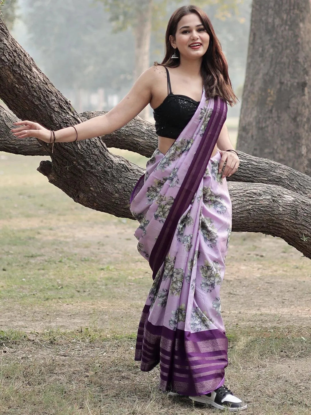 Lavender Printed Silk Blend Saree - Libas