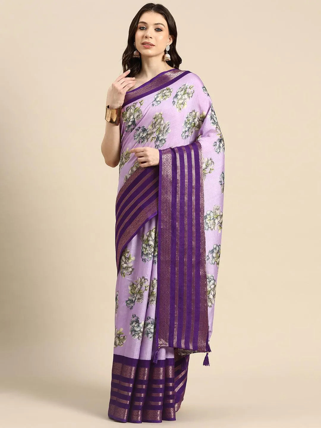 Lavender Printed Silk Blend Saree - Libas 
