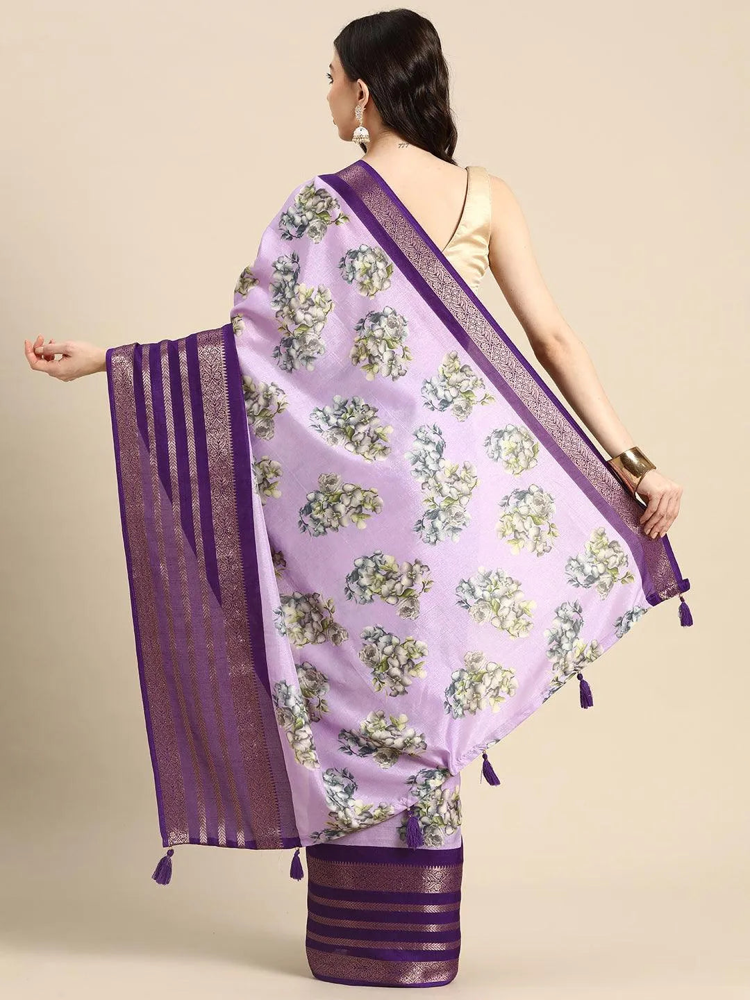 Lavender Printed Silk Blend Saree - Libas 