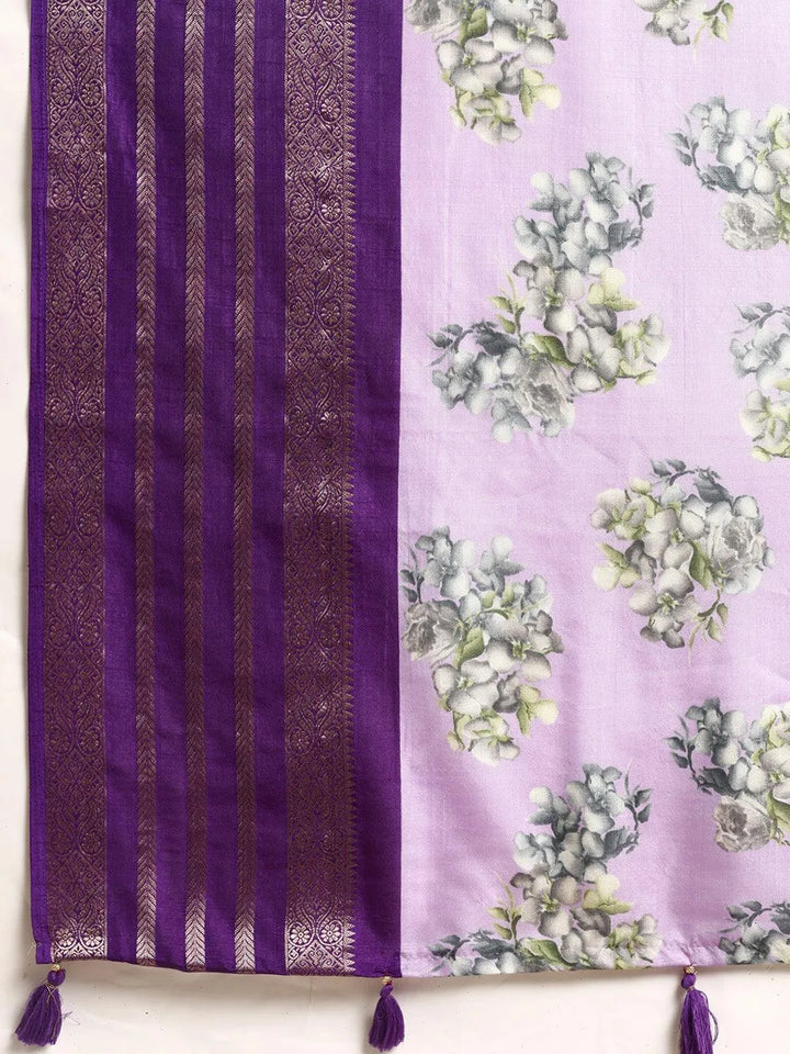 Lavender Printed Silk Blend Saree - Libas