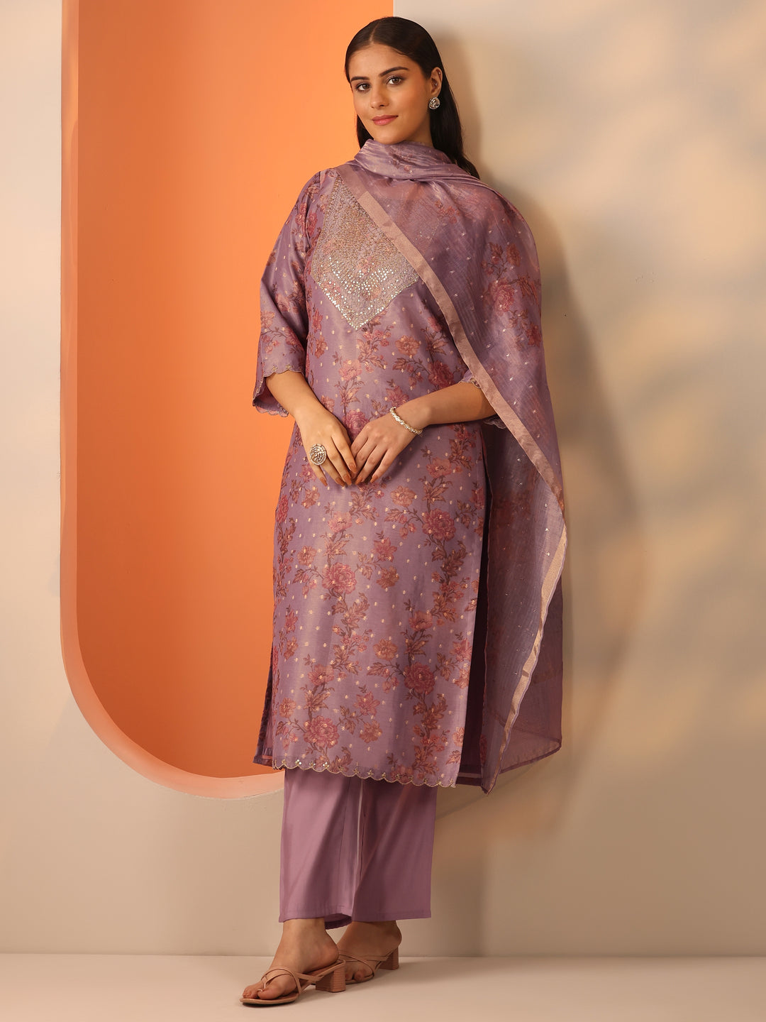 Lavender Printed Silk Blend Straight Suit Set With Dupatta
