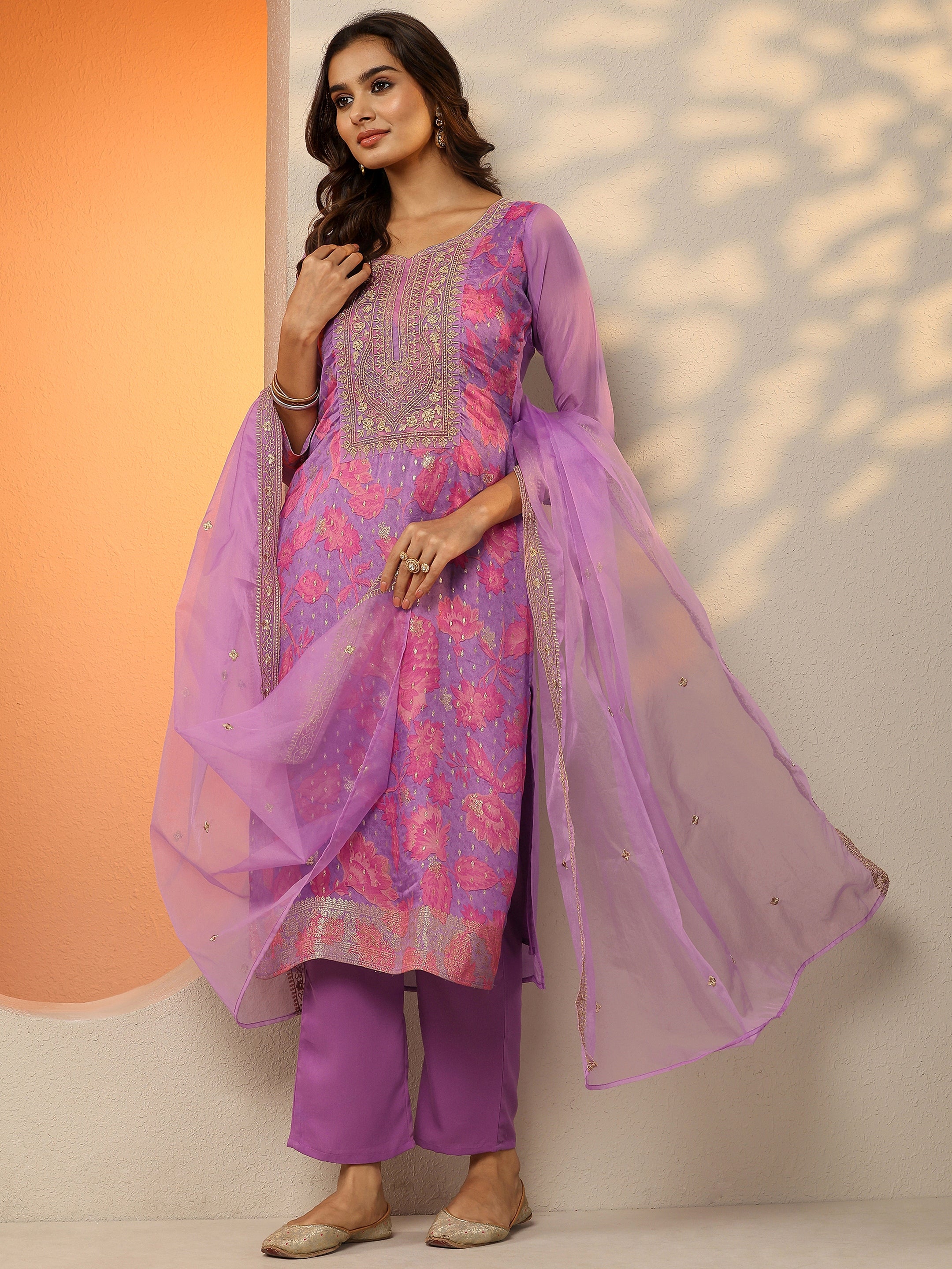 libas Lavender Printed Silk Blend Straight Suit Set With Dupatta-picture-60