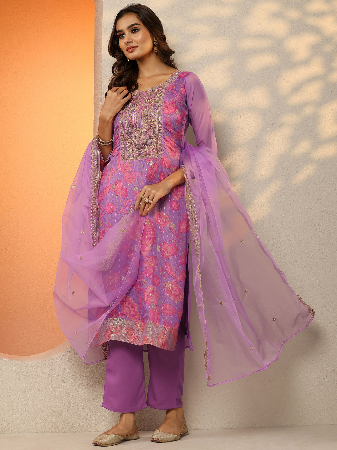 Lavender Printed Silk Blend Straight Suit Set With Dupatta