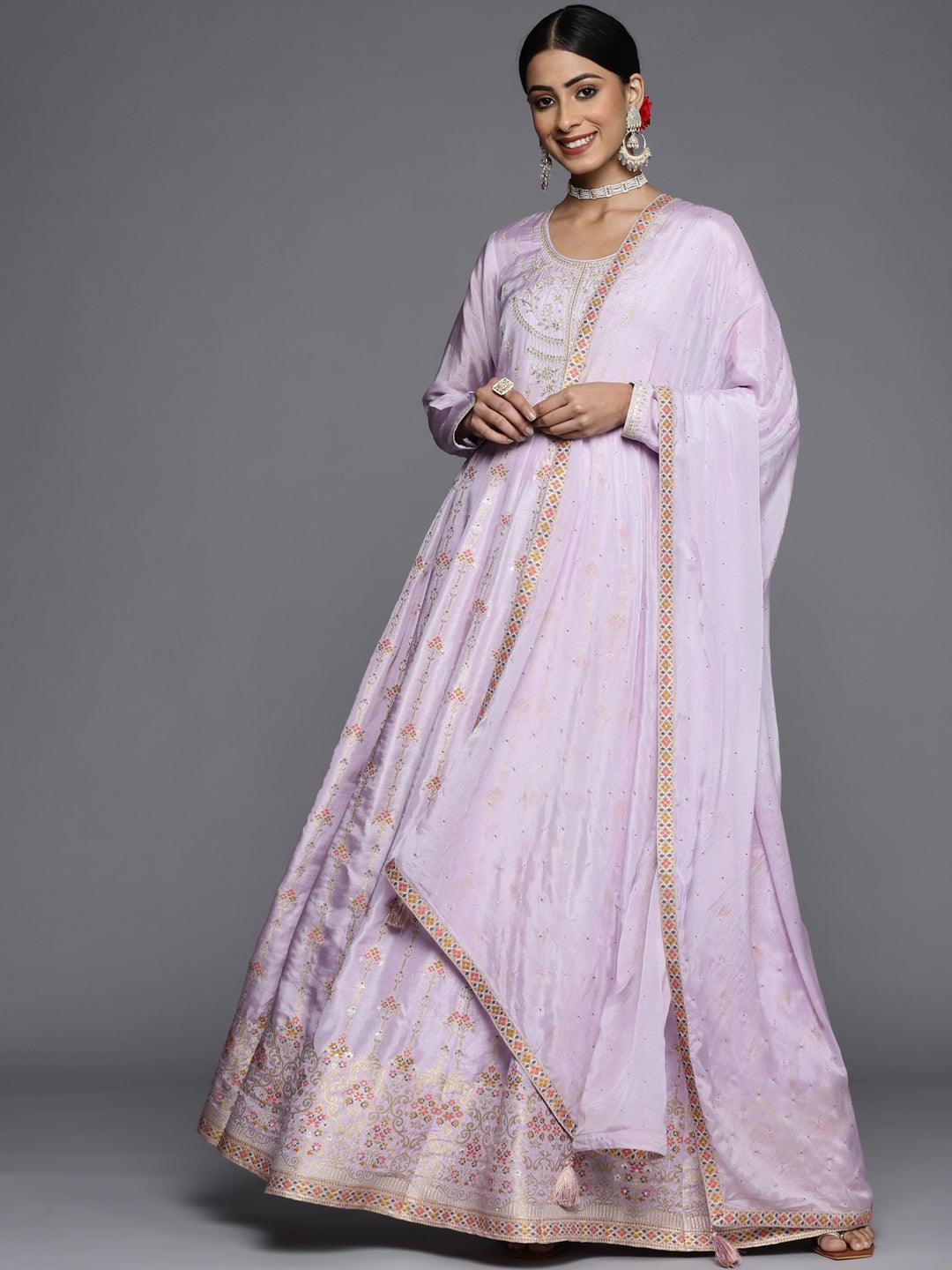 Lavender Self Design Silk Anarkali Kurta With Churidar & Dupatta