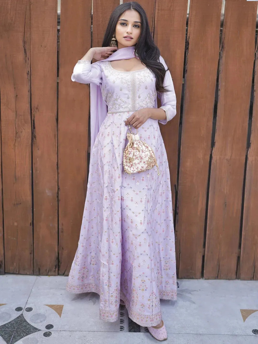 Lavender Self Design Silk Blend Anarkali Kurta With Churidar & Dupatta