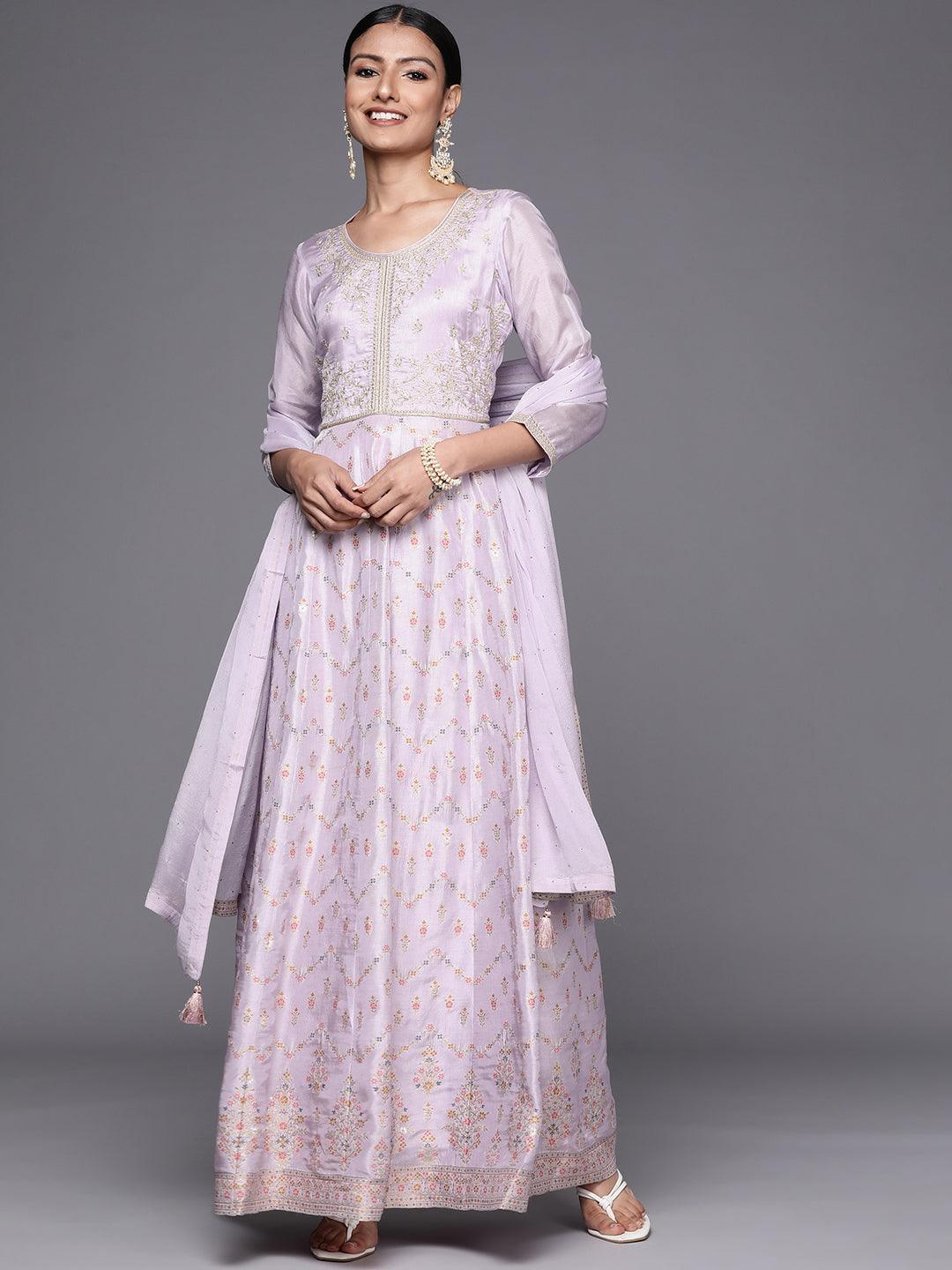 Lavender Self Design Silk Blend Anarkali Kurta With Churidar & Dupatta