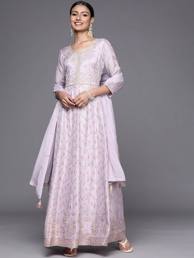 Lavender Self Design Silk Blend Anarkali Kurta With Churidar & Dupatta - Libas