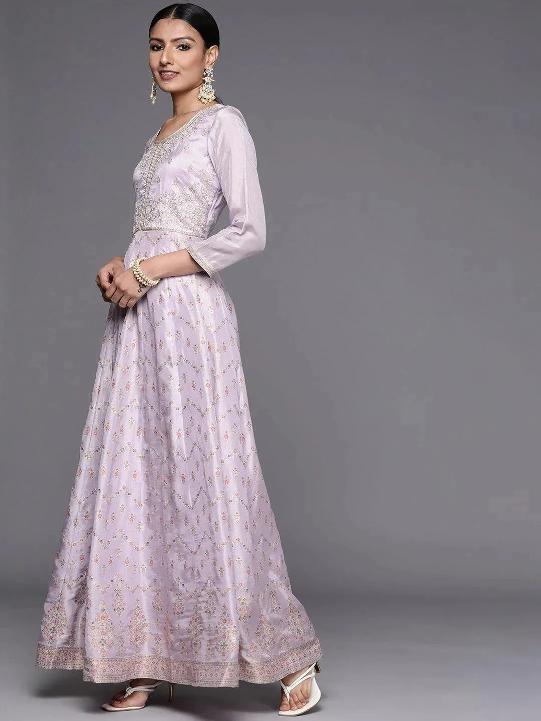 Lavender Self Design Silk Blend Anarkali Kurta With Churidar & Dupatta - Libas 