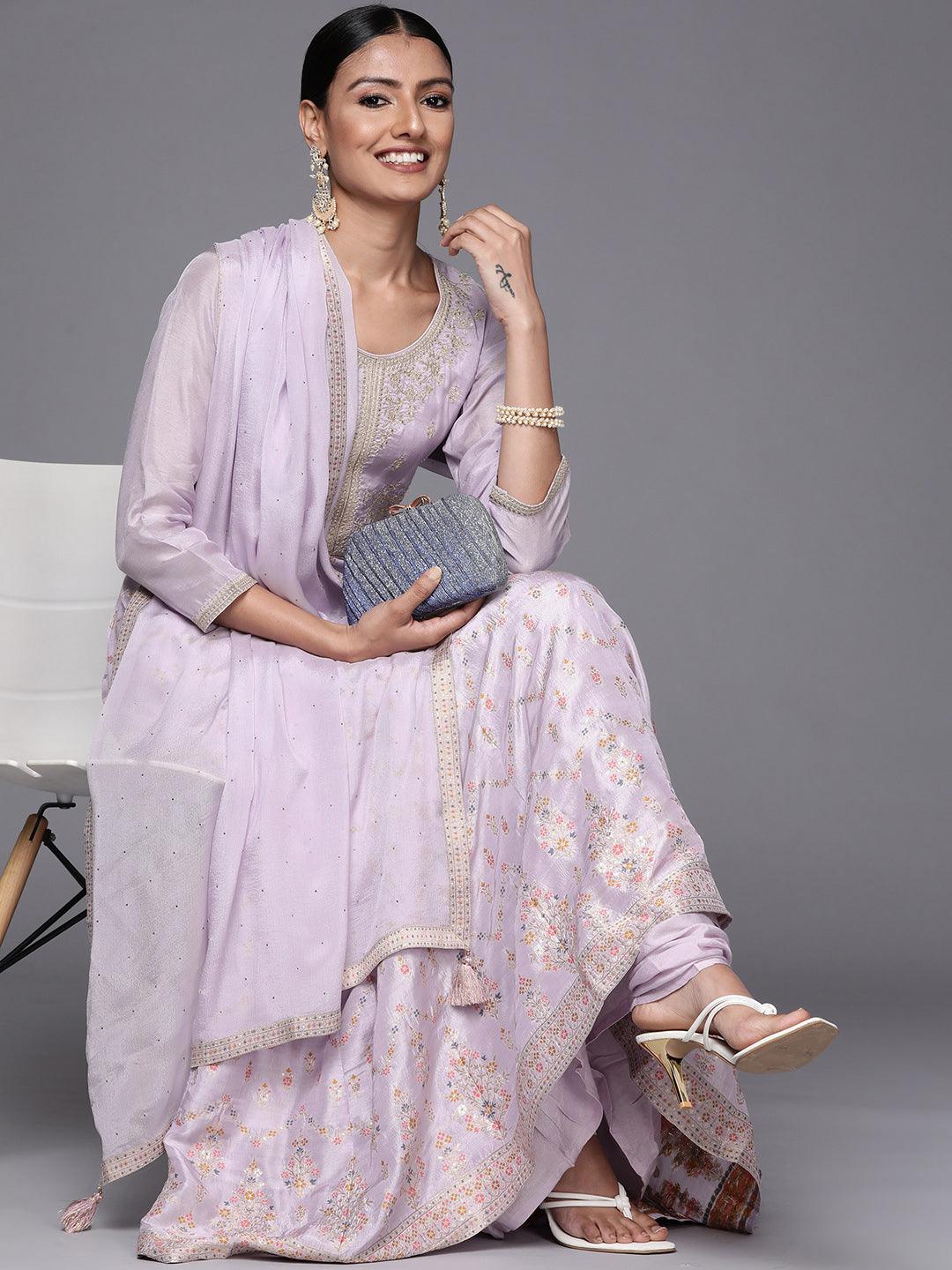 Lavender Self Design Silk Blend Anarkali Kurta With Churidar & Dupatta