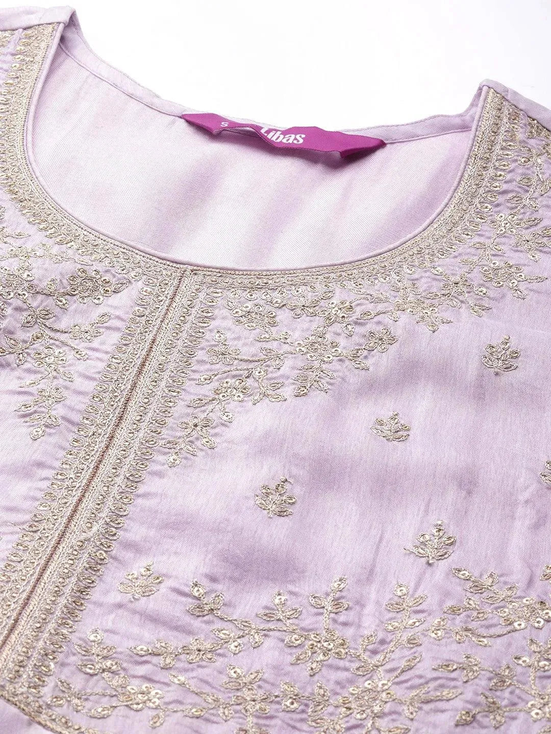 Lavender Self Design Silk Blend Anarkali Kurta With Churidar & Dupatta - Libas 