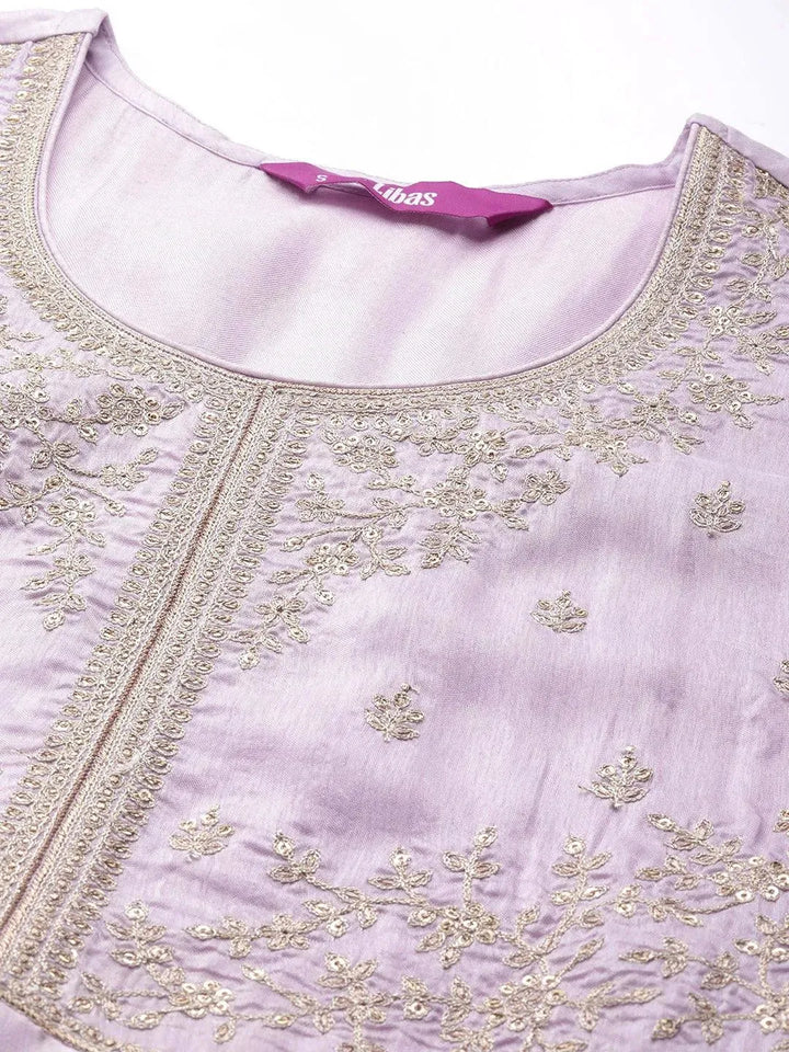 Lavender Self Design Silk Blend Anarkali Kurta With Churidar & Dupatta - Libas